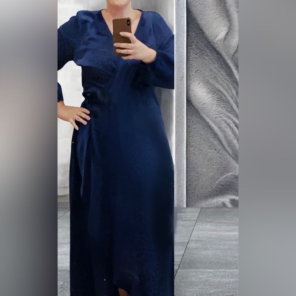 Elegant satin plus sz. Navy Blue wrap Dress